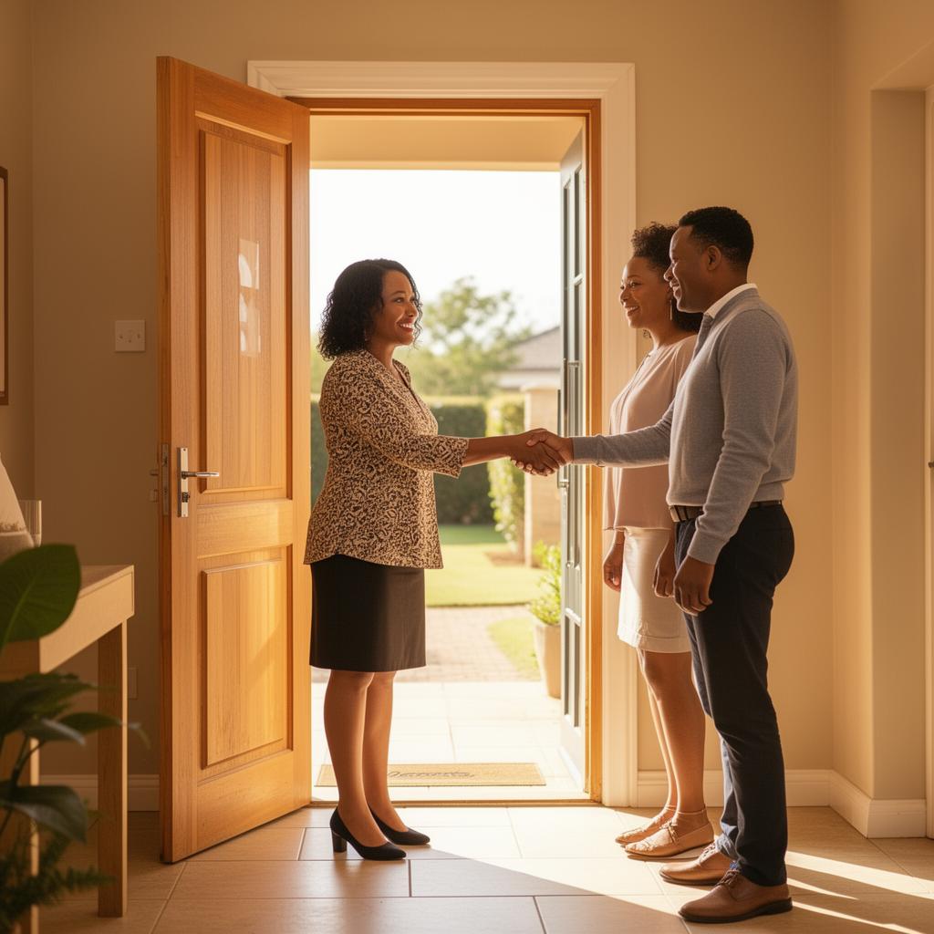 Estate agent greeting visitors at the front door of a show house