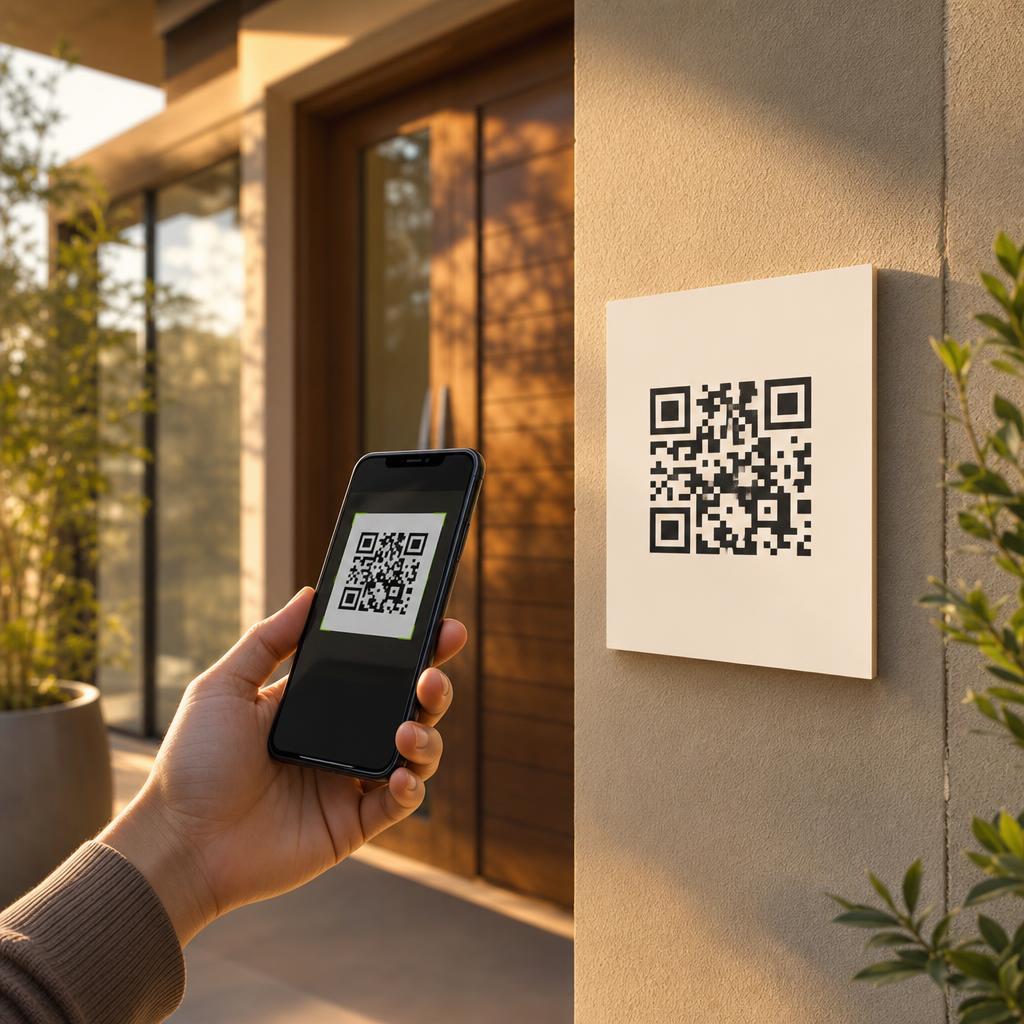 Visitor scanning a QR code on a welcome sign at a show house