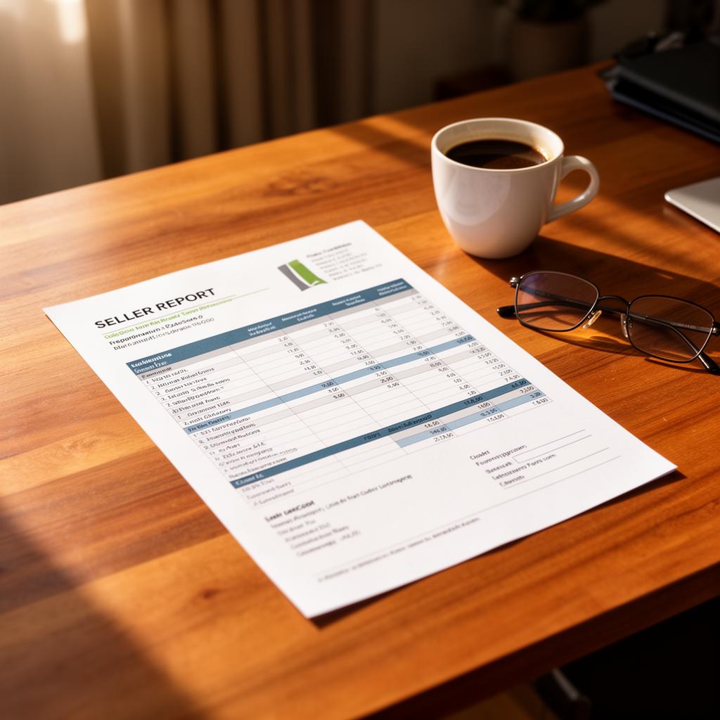 Printed seller report on a warm wooden desk with a coffee cup and reading glasses